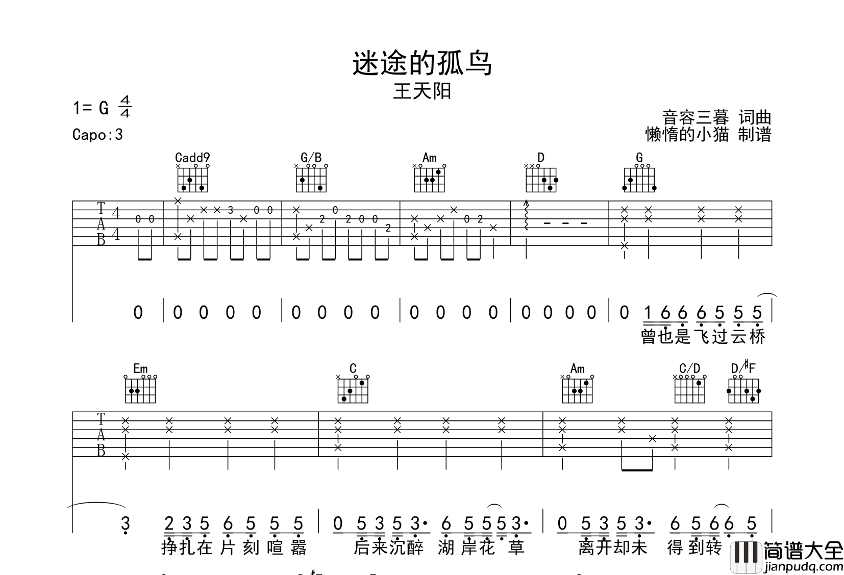 王天阳_迷途的孤鸟_吉他谱_G调吉他弹唱谱