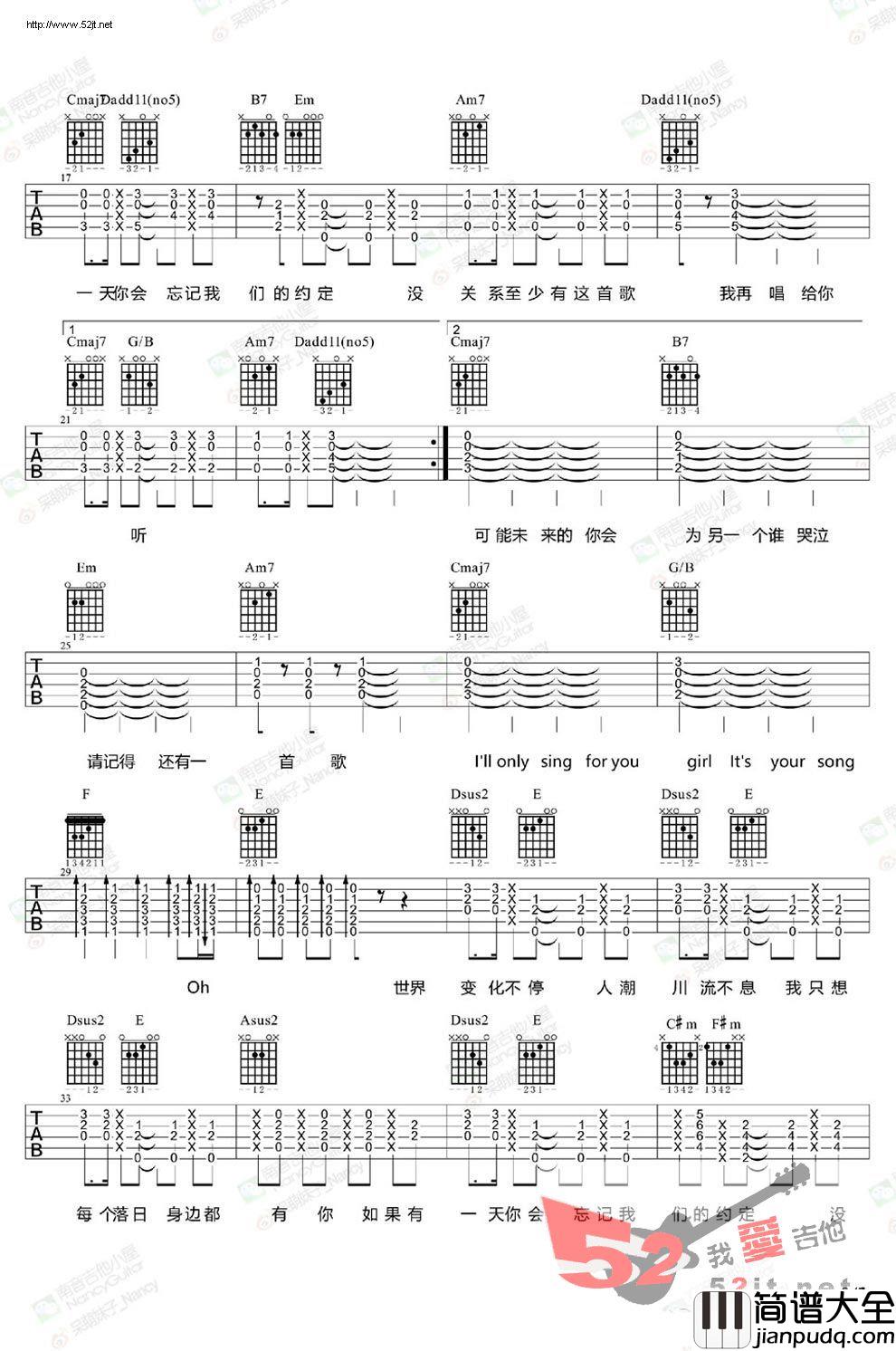 鹿晗_致爱Your_Song_吉他谱_Guitar_Music_Score