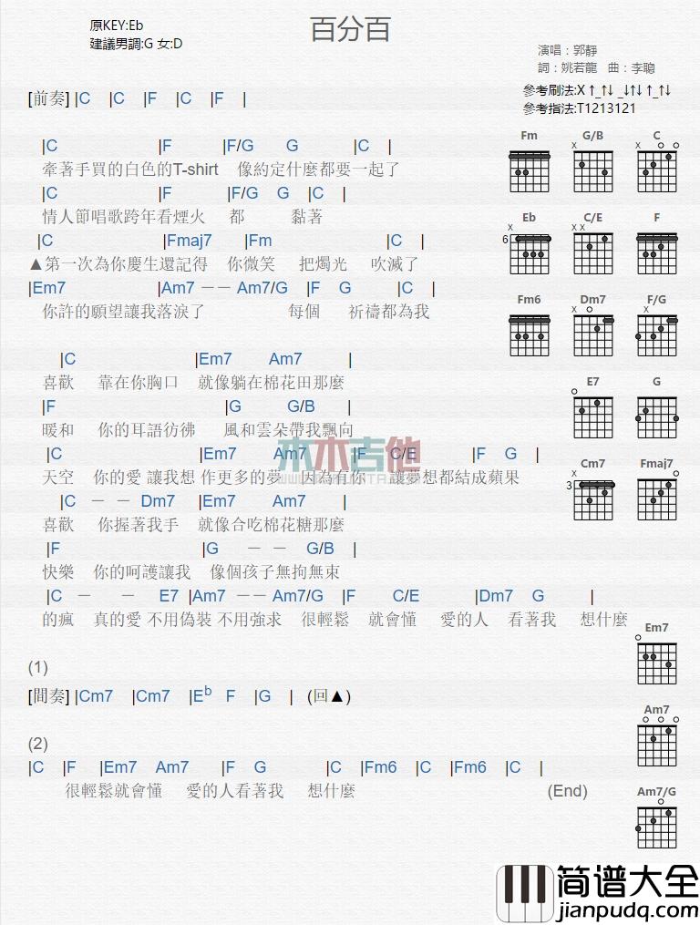 郭静_百分百_吉他谱_Guitar_Music_Score