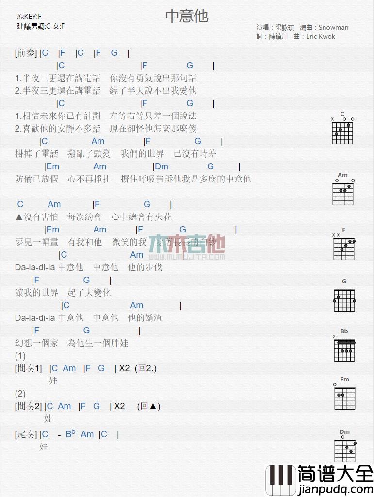 梁咏琪_中意他_吉他谱_Guitar_Music_Score