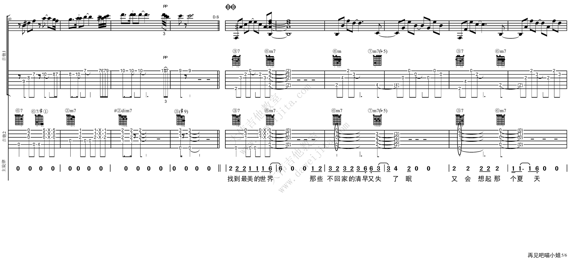 王晓天_再见吧_喵小姐_吉他谱(降E调)_Guitar_Music_Score