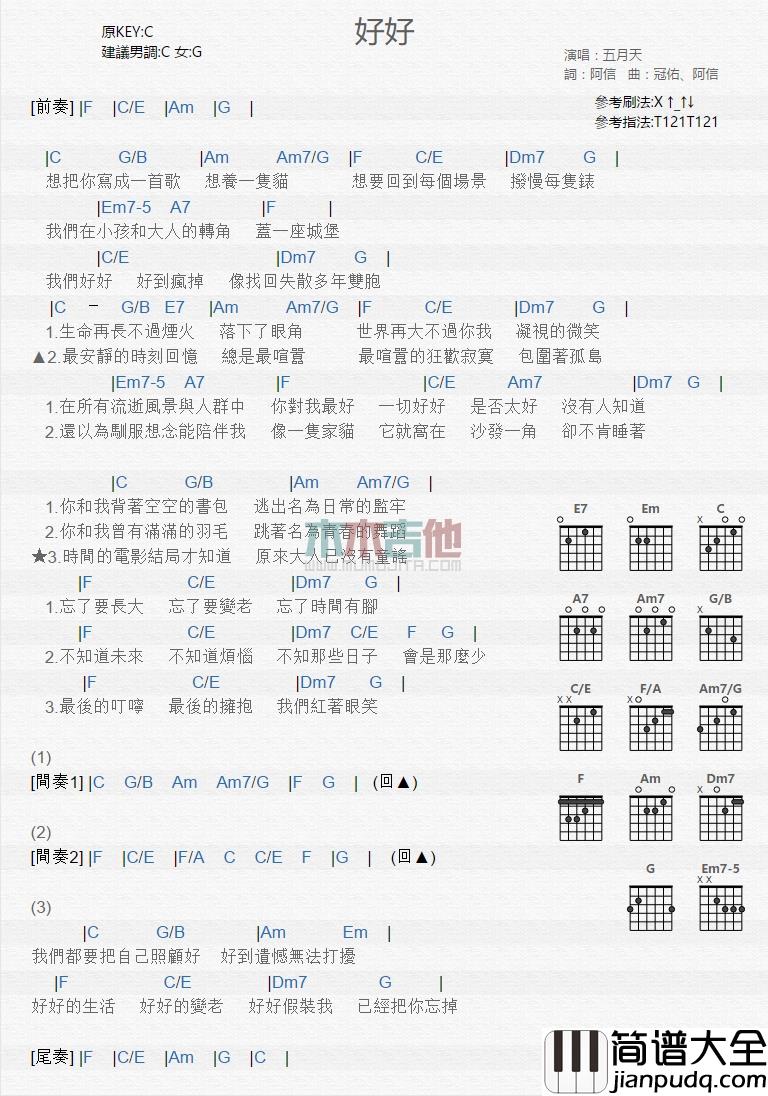 五月天_好好_吉他谱_Guitar_Music_Score