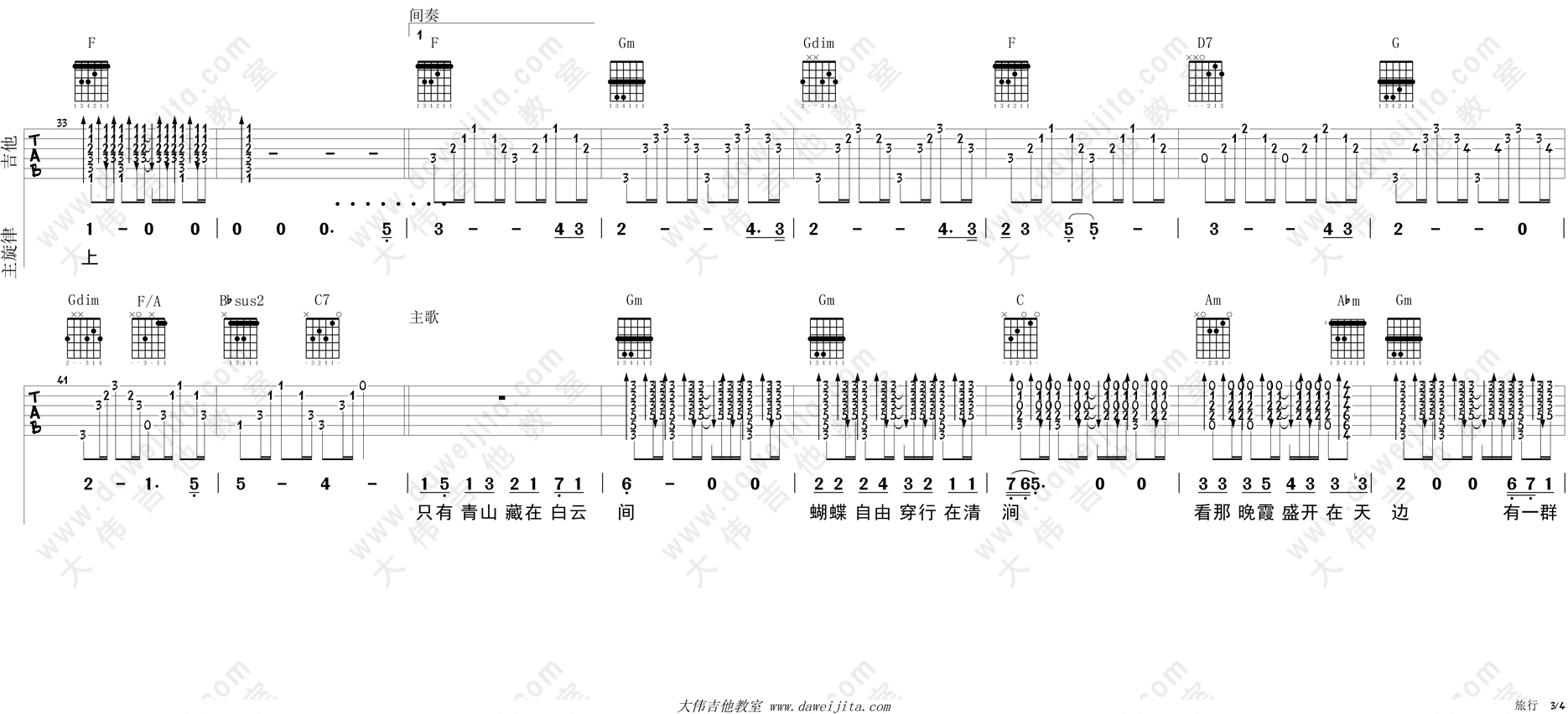 许巍_旅行_吉他谱(F调)_Guitar_Music_Score