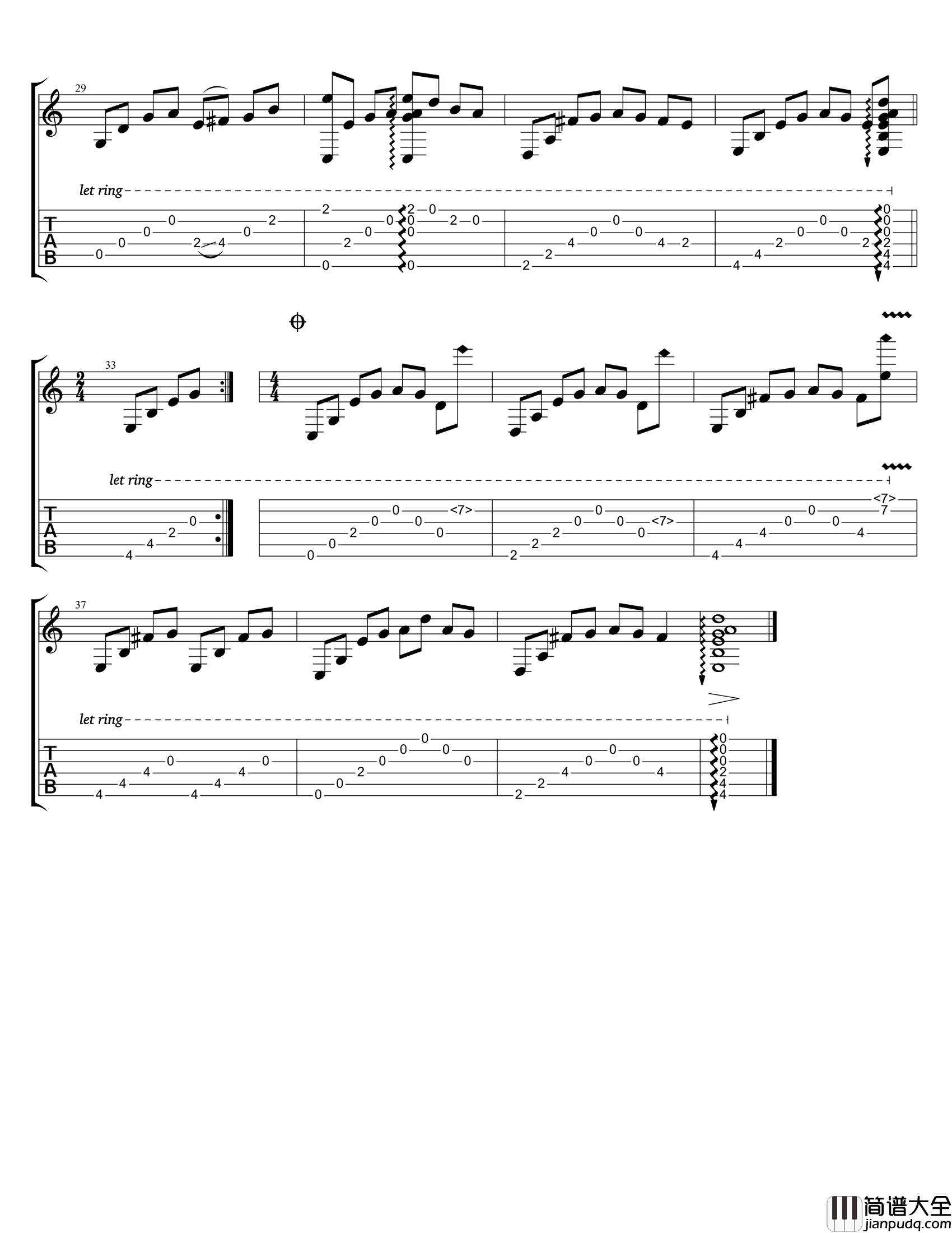 夜的钢琴曲五吉他谱_石进_吉他指弹独奏版六线谱