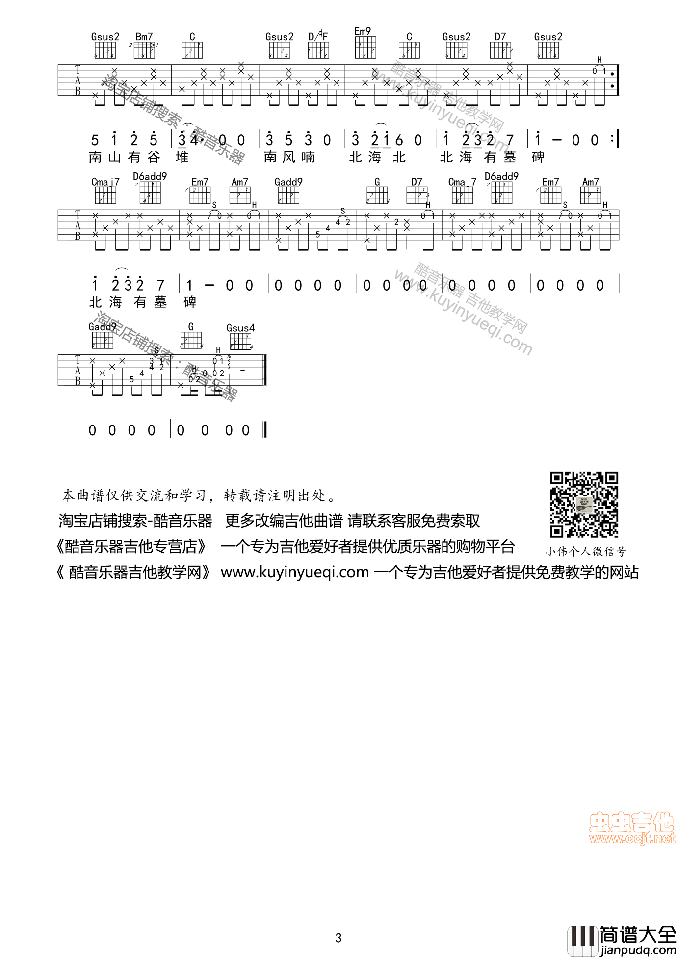 _南山南_好声音前奏_原曲间奏尾奏小伟编配|吉他谱|图片谱|高清|张磊