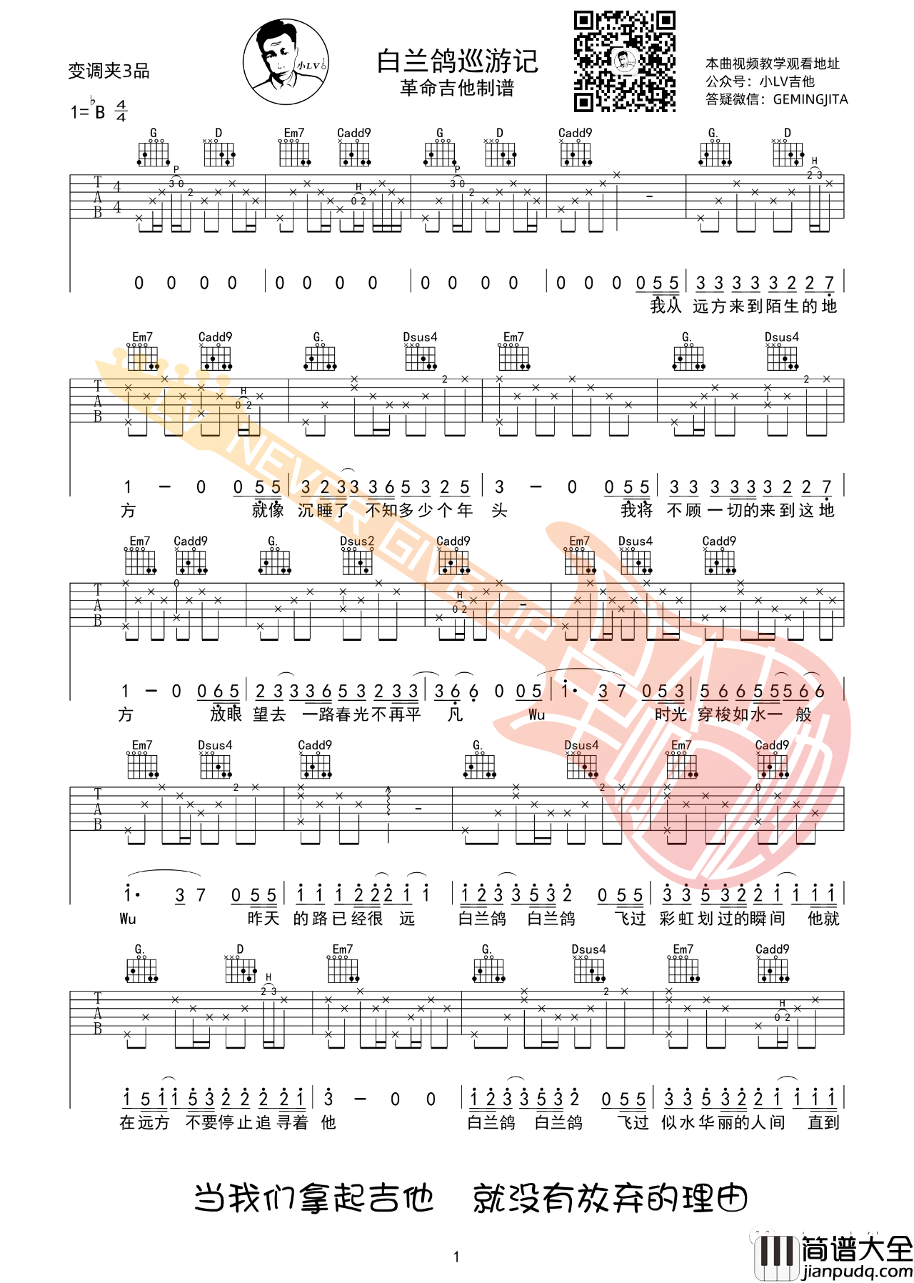 白兰鸽巡游记吉他谱_丢火车乐队_G调指法编配吉他伴奏谱