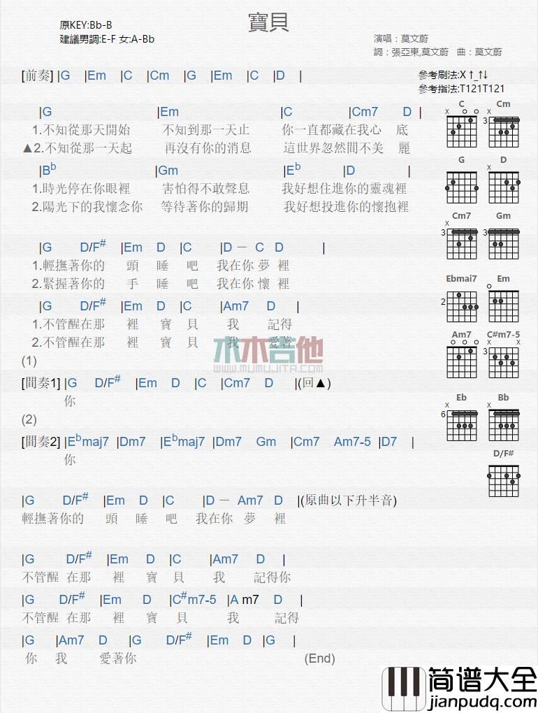 莫文蔚_宝贝_吉他谱_Guitar_Music_Score