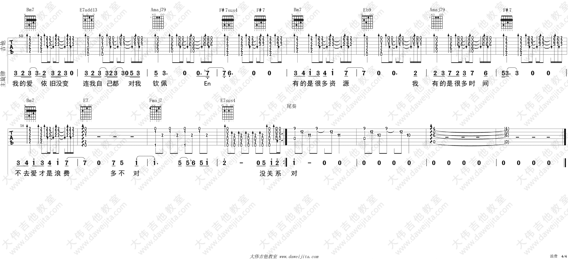 林宥嘉_浪费_吉他谱(A调)_Guitar_Music_Score