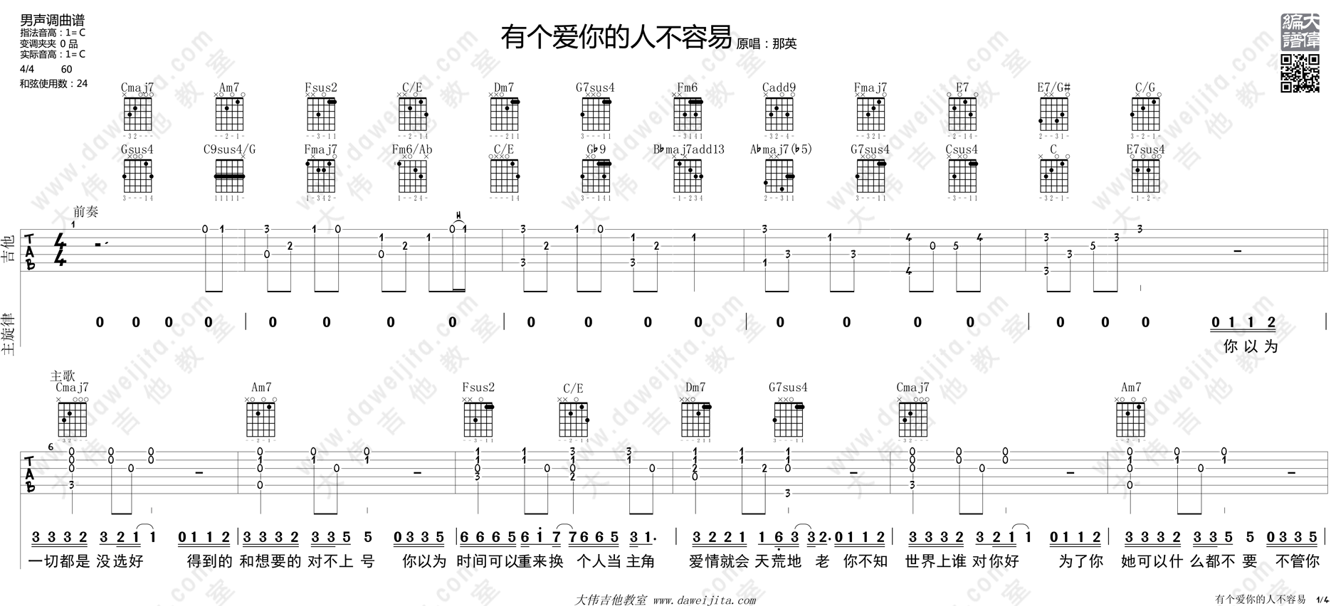 那英_有个爱你的人不容易_吉他谱(C调)_Guitar_Music_Score