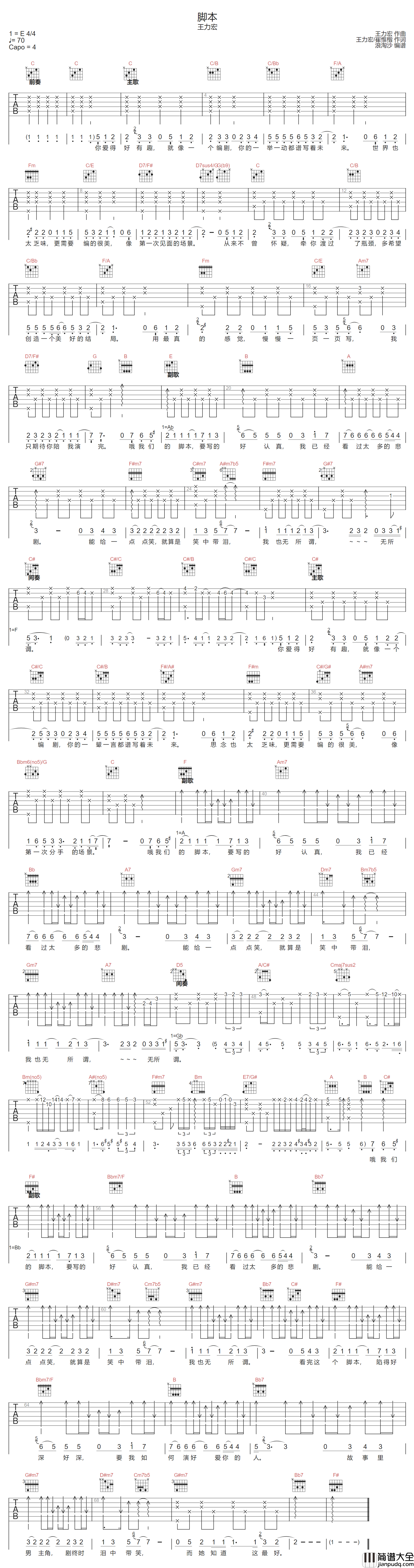 脚本吉他谱_王力宏_C调指法编配