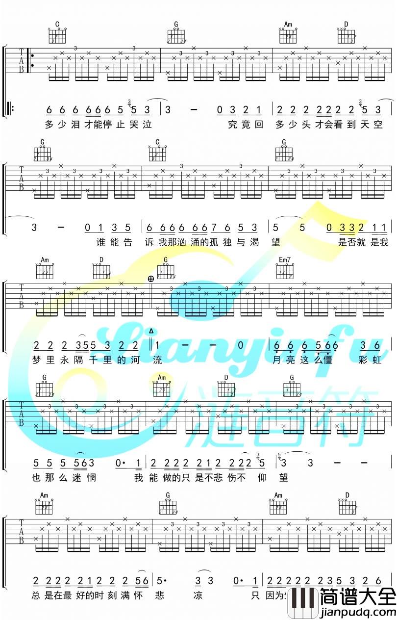 河流_汪峰_河流六线谱_图片谱完整版_吉他谱_汪峰_吉他图片谱_高清