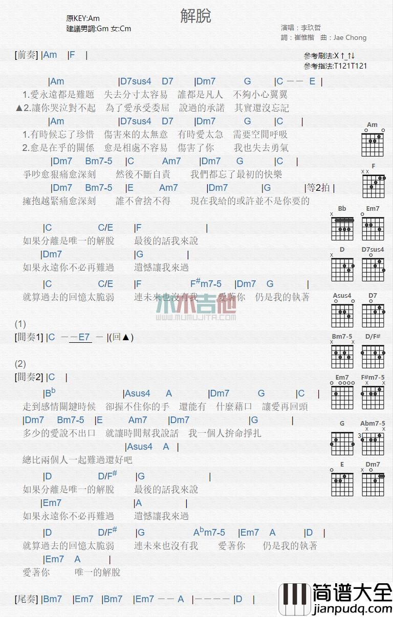李玖哲_解脱_吉他谱_Guitar_Music_Score