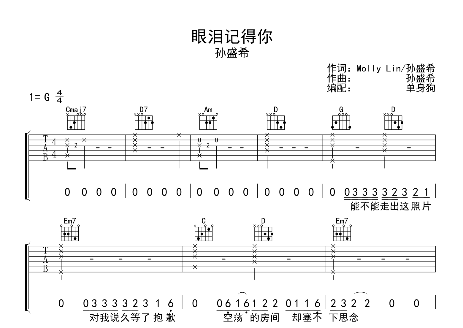 眼泪记得你吉他谱_孙盛希_G调弹唱六线谱