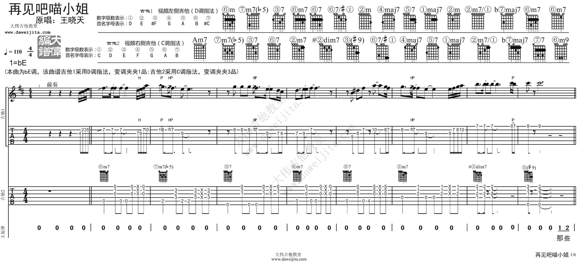 王晓天_再见吧_喵小姐_吉他谱(降E调)_Guitar_Music_Score
