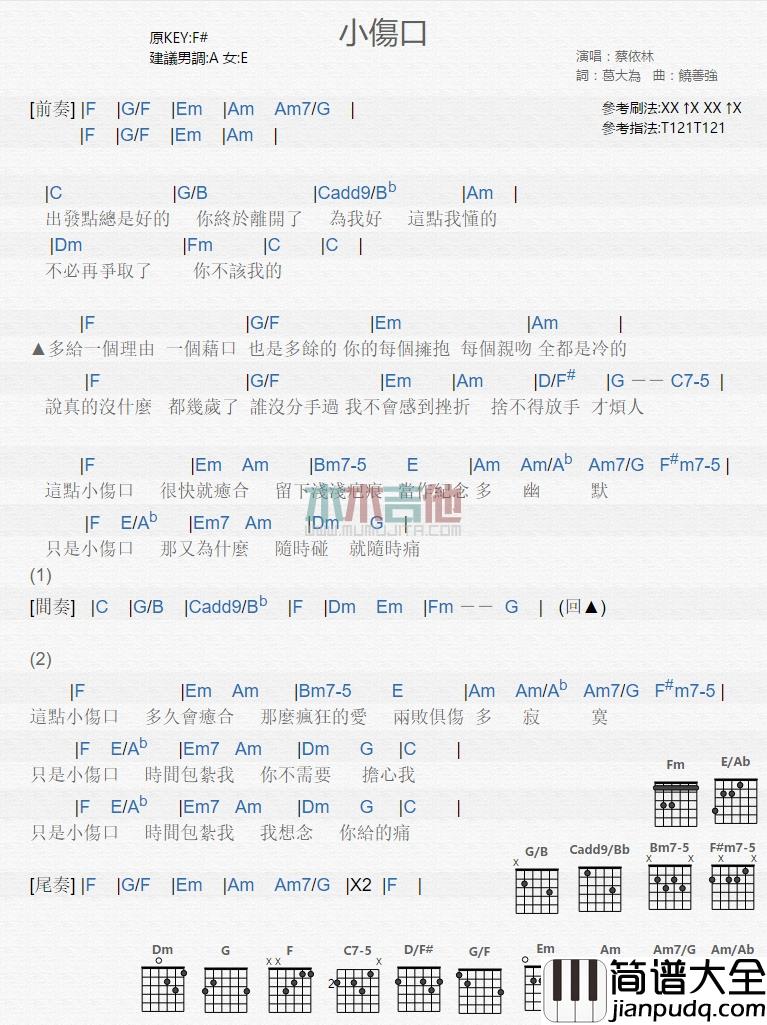 蔡依林_小伤口_吉他谱_Guitar_Music_Score