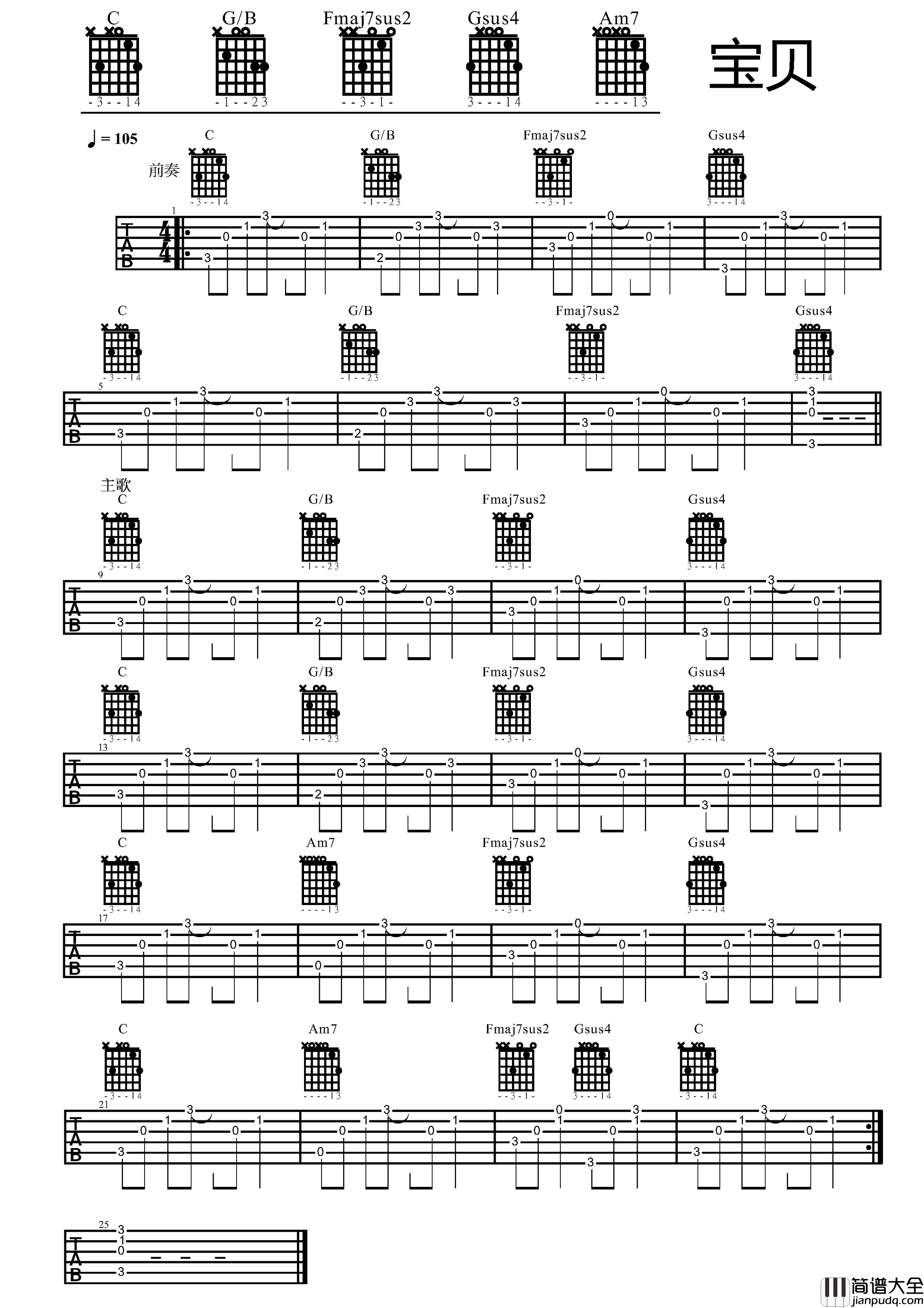 张悬_宝贝_吉他谱(C调)_Guitar_Music_Score