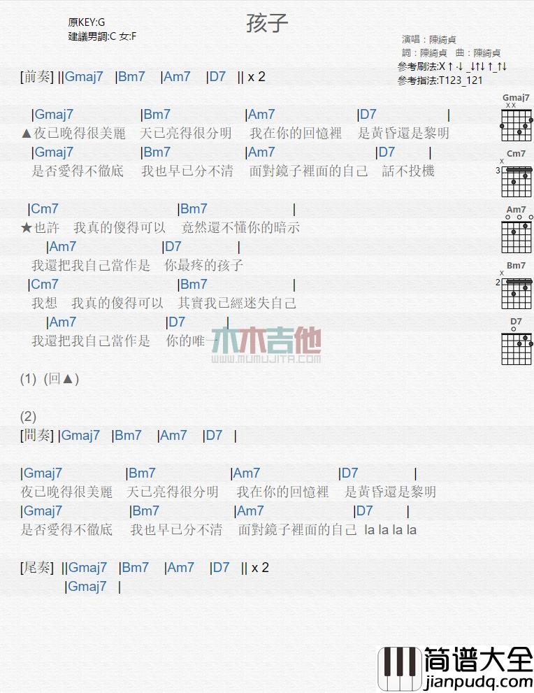 陈绮贞_孩子_吉他谱_Guitar_Music_Score
