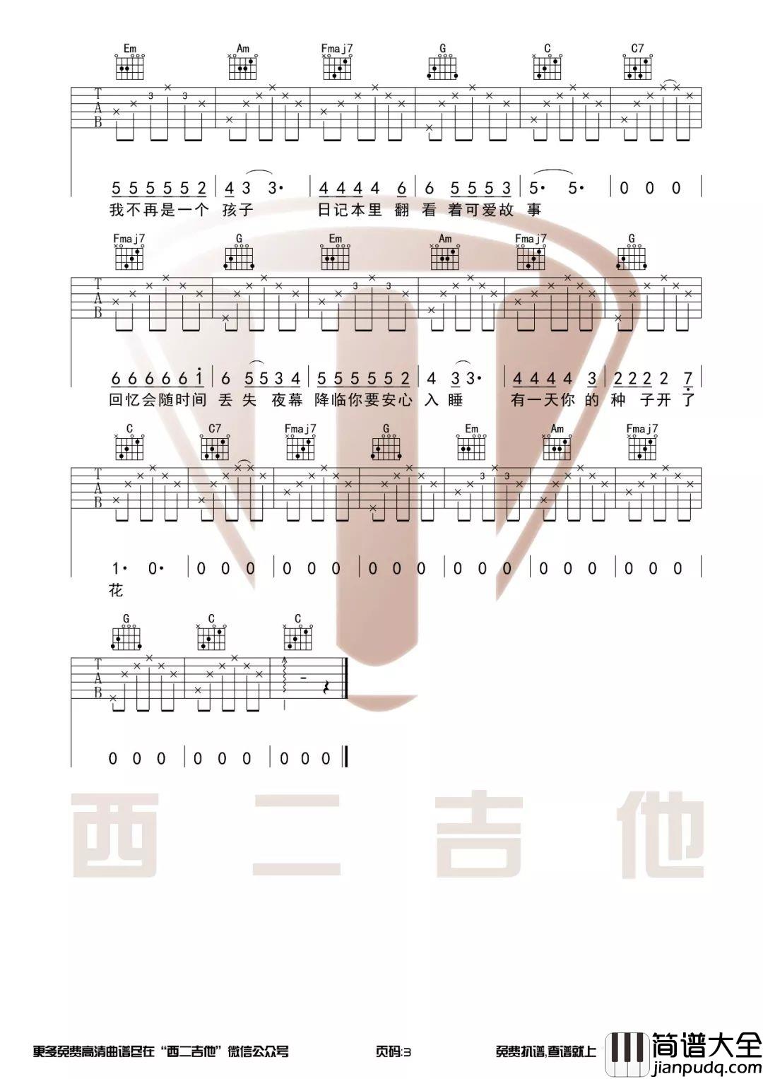 唐票儿_种子_吉他谱_弹唱谱_六线谱_C调指法