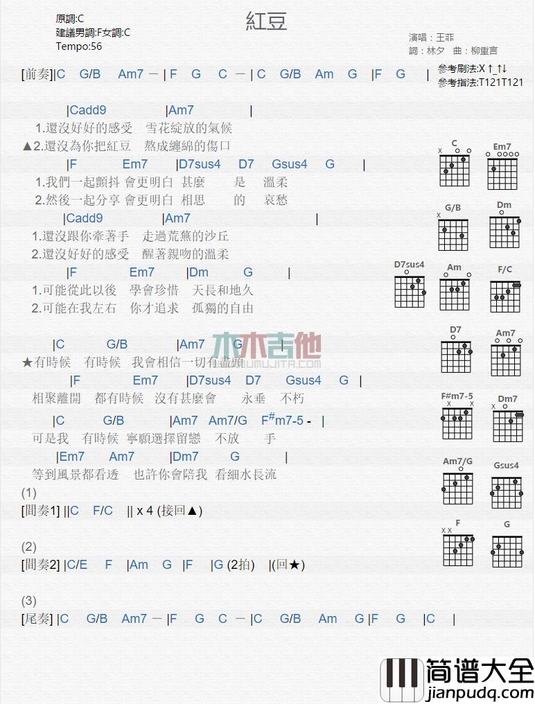 王菲_红豆_吉他谱_Guitar_Music_Score