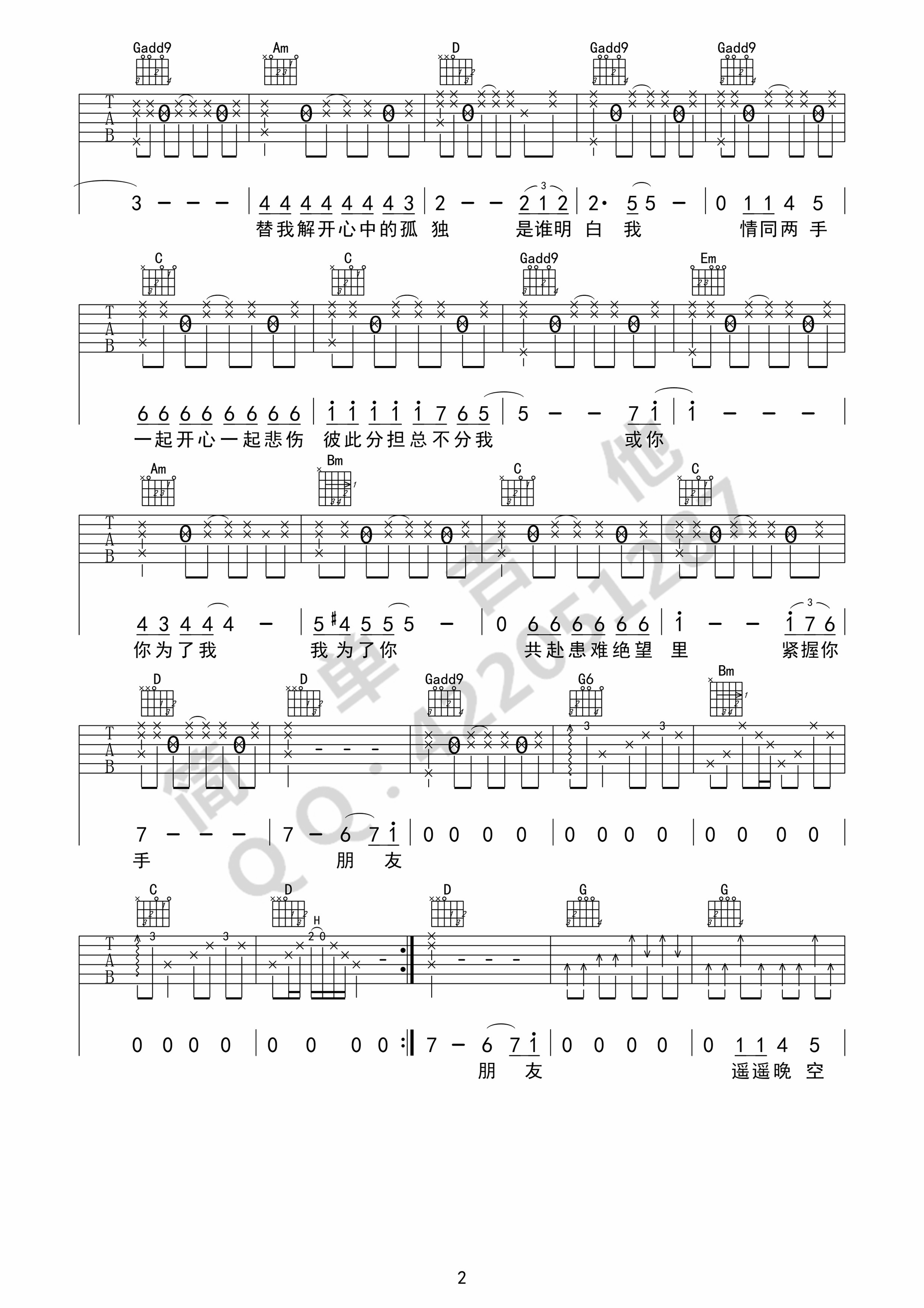 谭咏麟_朋友_吉他谱_Guitar_Music_Score