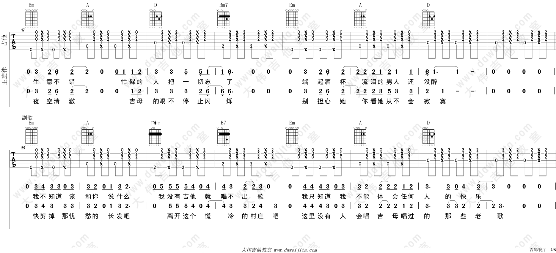 赵雷_吉姆餐厅_吉他谱(D调)_Guitar_Music_Score