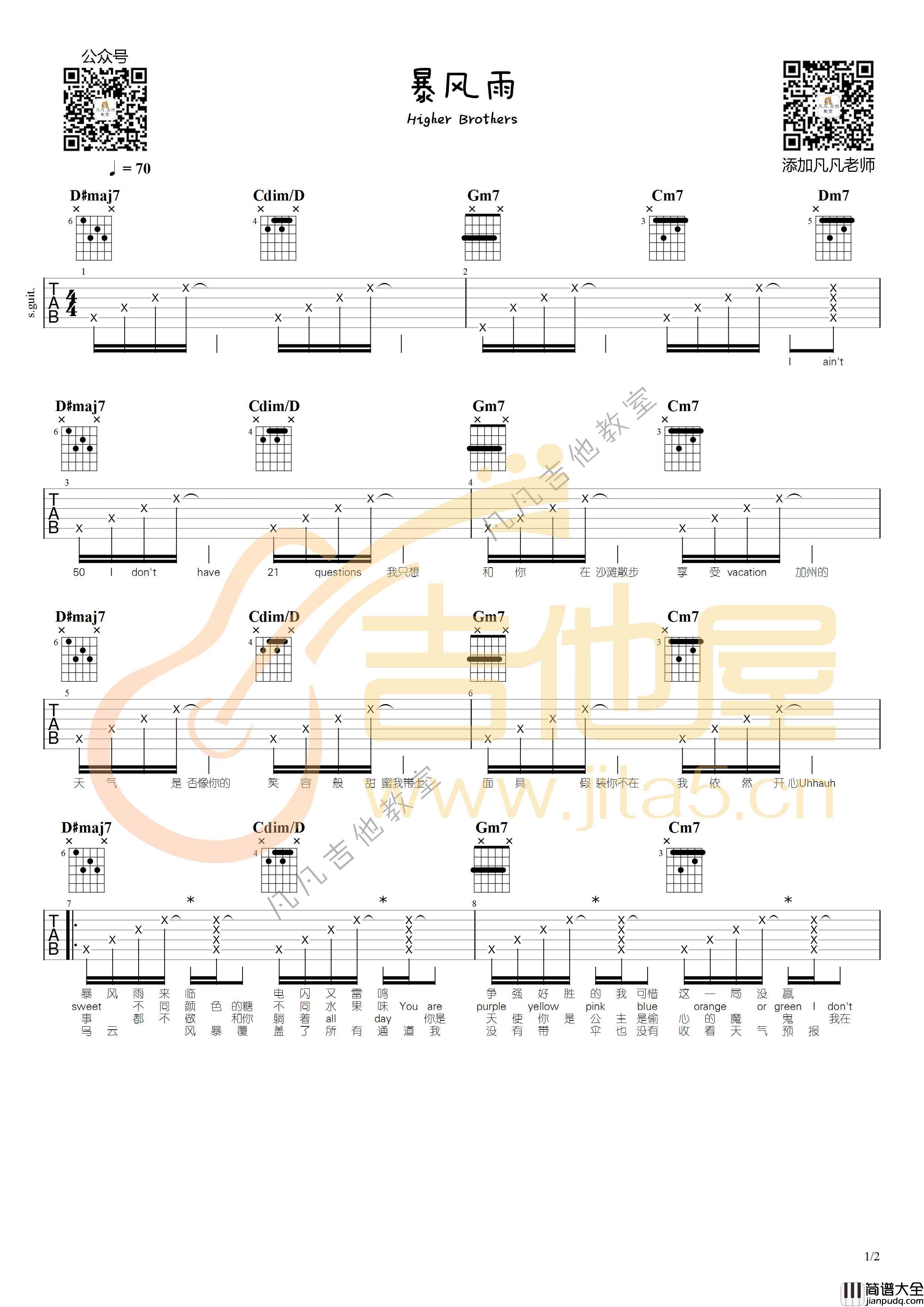 暴风雨吉他谱_Higher_Brothers_B调六线谱_吉他弹唱示范