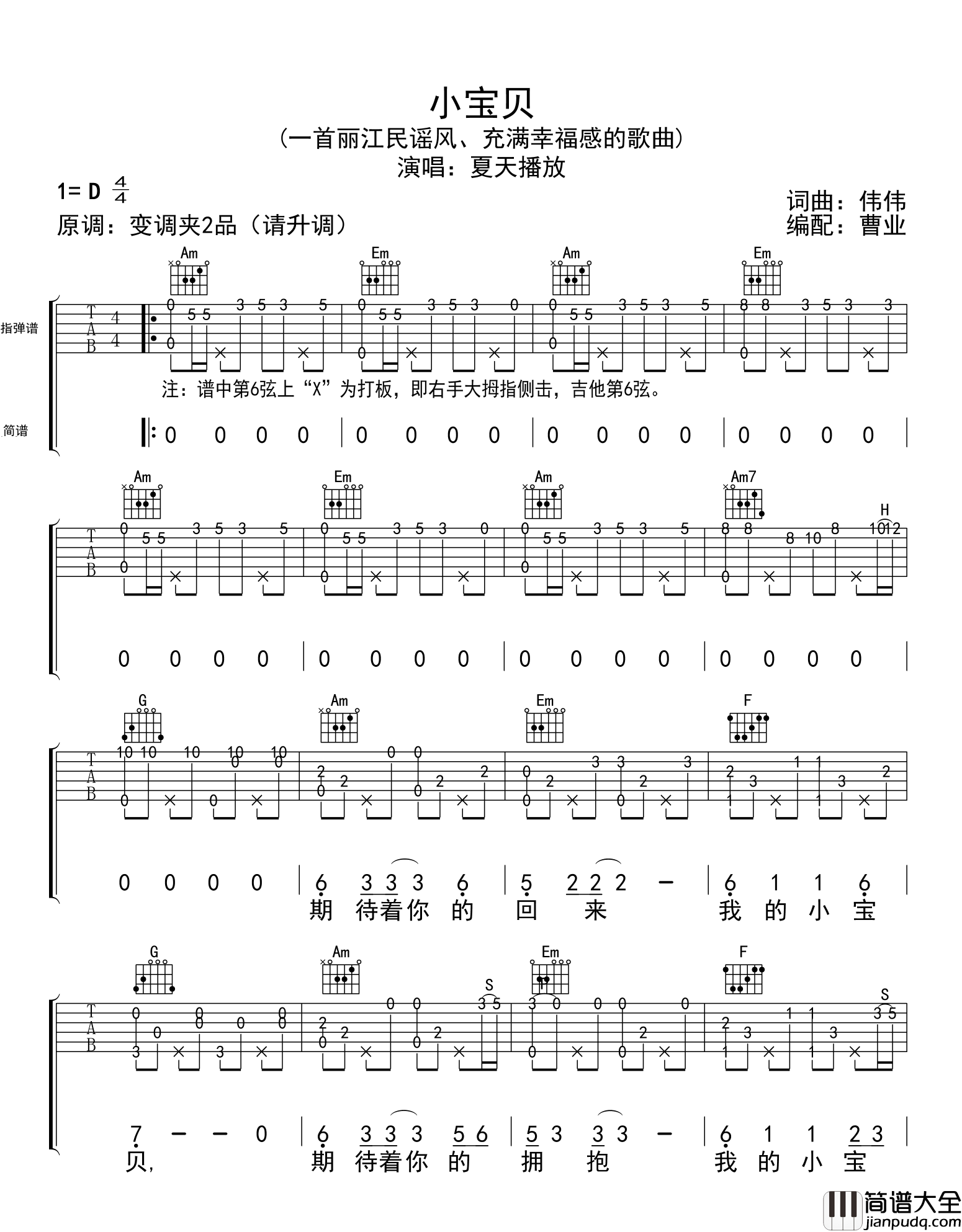 小宝贝指弹谱_夏天播放_图片谱高清版_吉他谱_神奇无比小炒肉_吉他图片谱_高清
