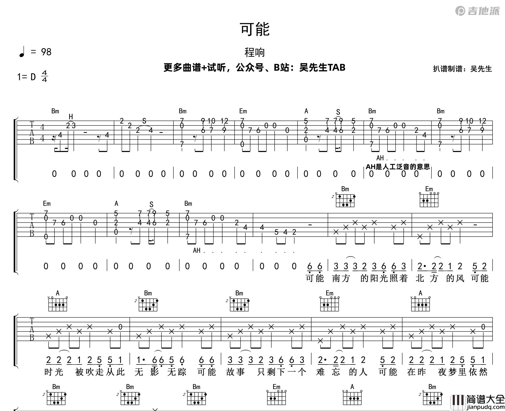 可能吉他谱_程响_D调原版吉他谱附演示音频