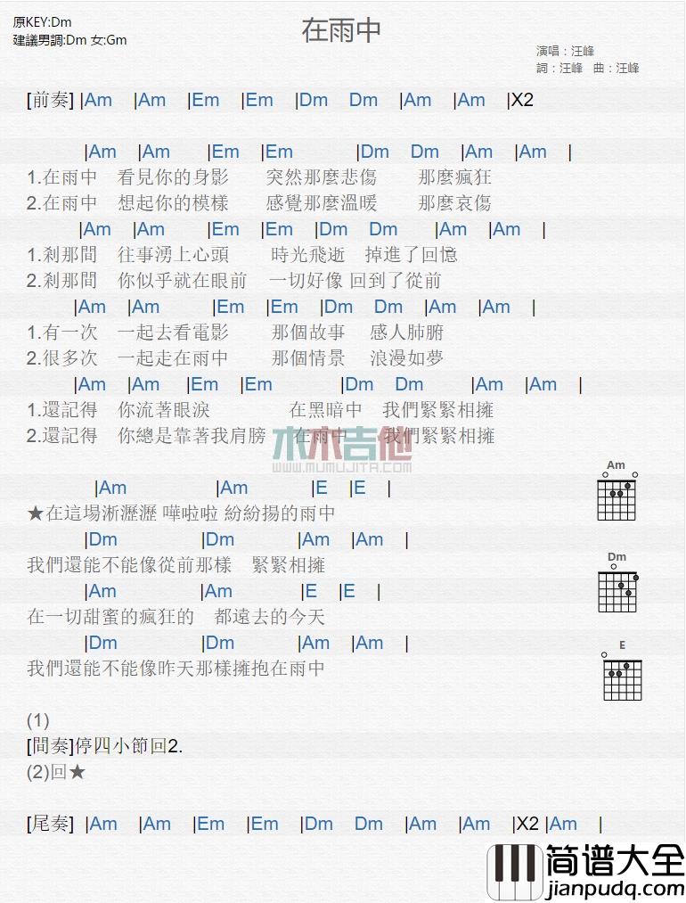 汪峰_在雨中_吉他谱_Guitar_Music_Score