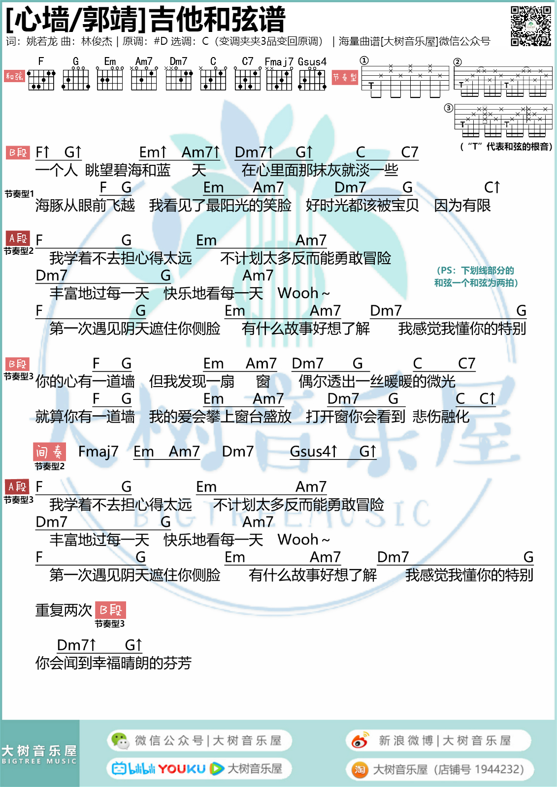 郭静_心墙_吉他谱_弹唱谱_六线谱_指弹谱
